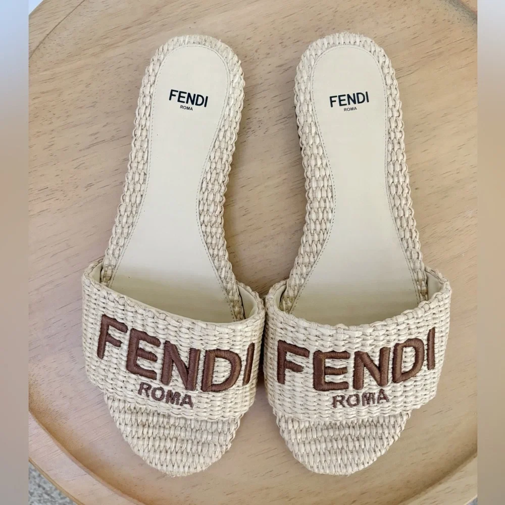 Fendi Signature Raffia Slip On Slides - Picture 2 of 6